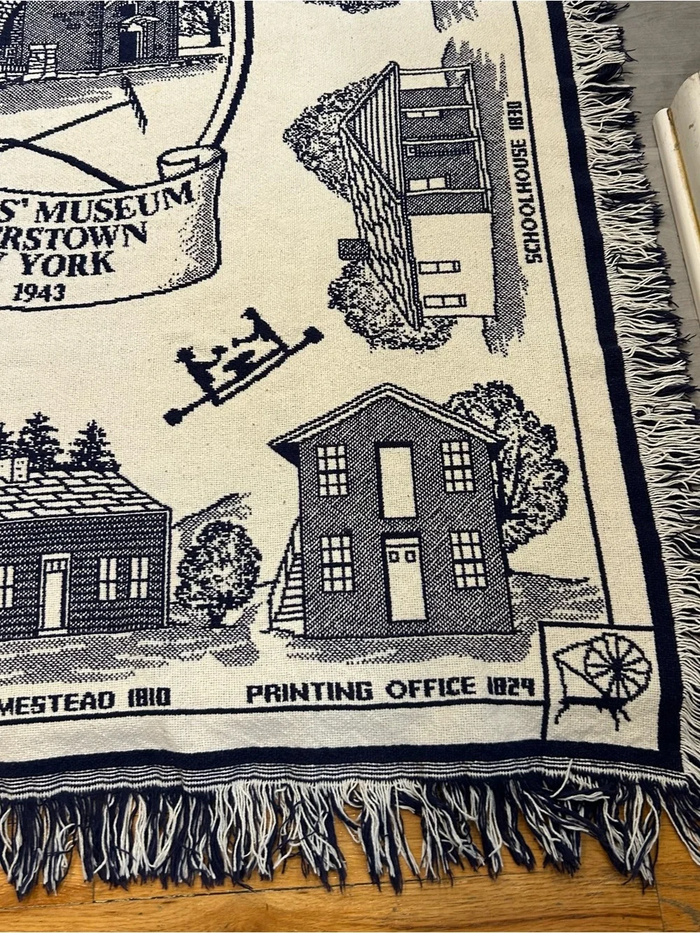 Vtg Farmers Museum Cooperstown NY Tapestry Throw Blanket Fringe 44x60 Cottage